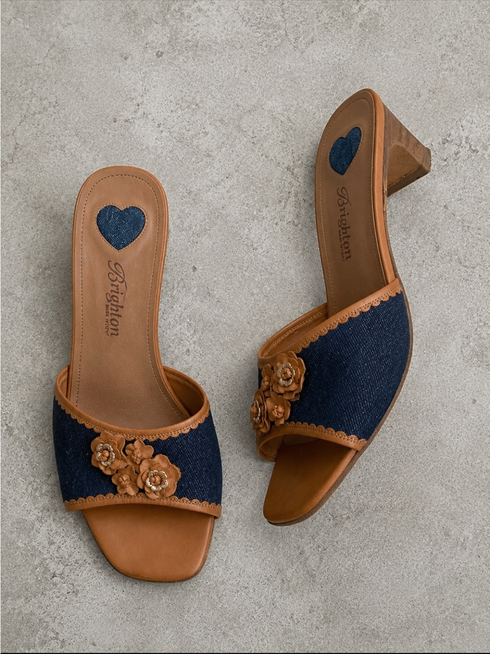 Brighton Kiara Italy Denim Leather Floral Slide Heels Mules Size 10 Streetwear